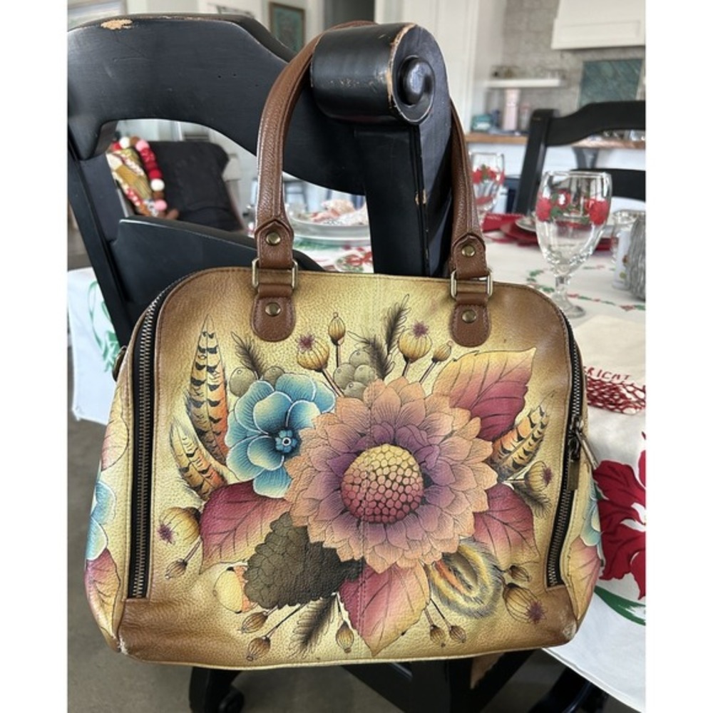 ANUSCHKA Hand Painted Leather Purse Tote Bag‎ ~ Rustic Bouquet VGUC